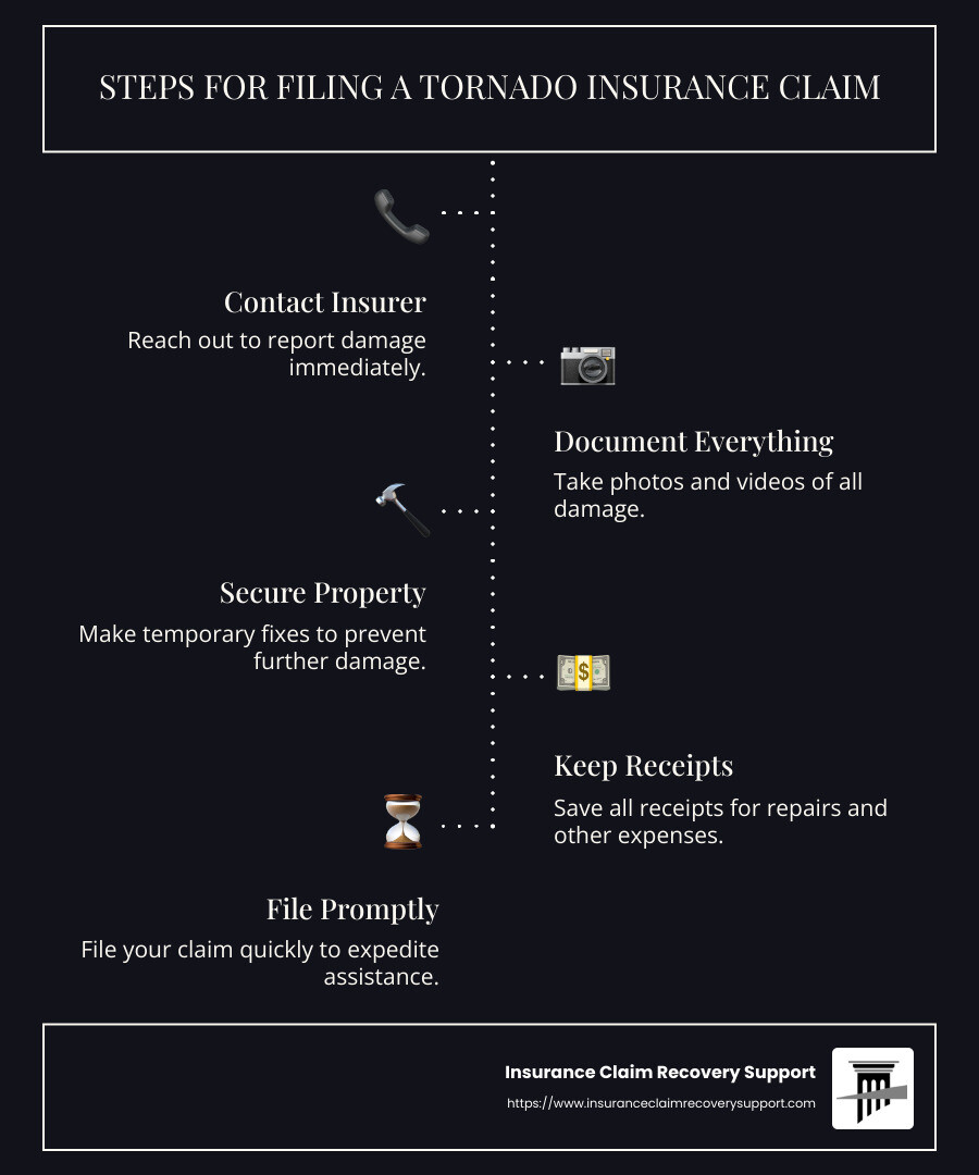Steps for filing a tornado insurance claim - filing a tornado insurance claim infographic infographic-line-5-steps-dark