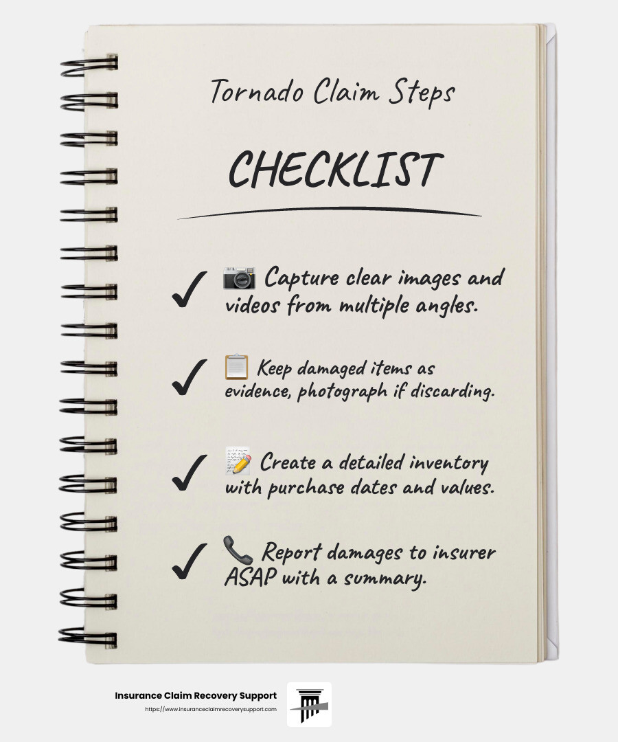Documenting Tornado Damage: A Key Step in Filing Your Claim - filing a tornado insurance claim infographic checklist-notebook