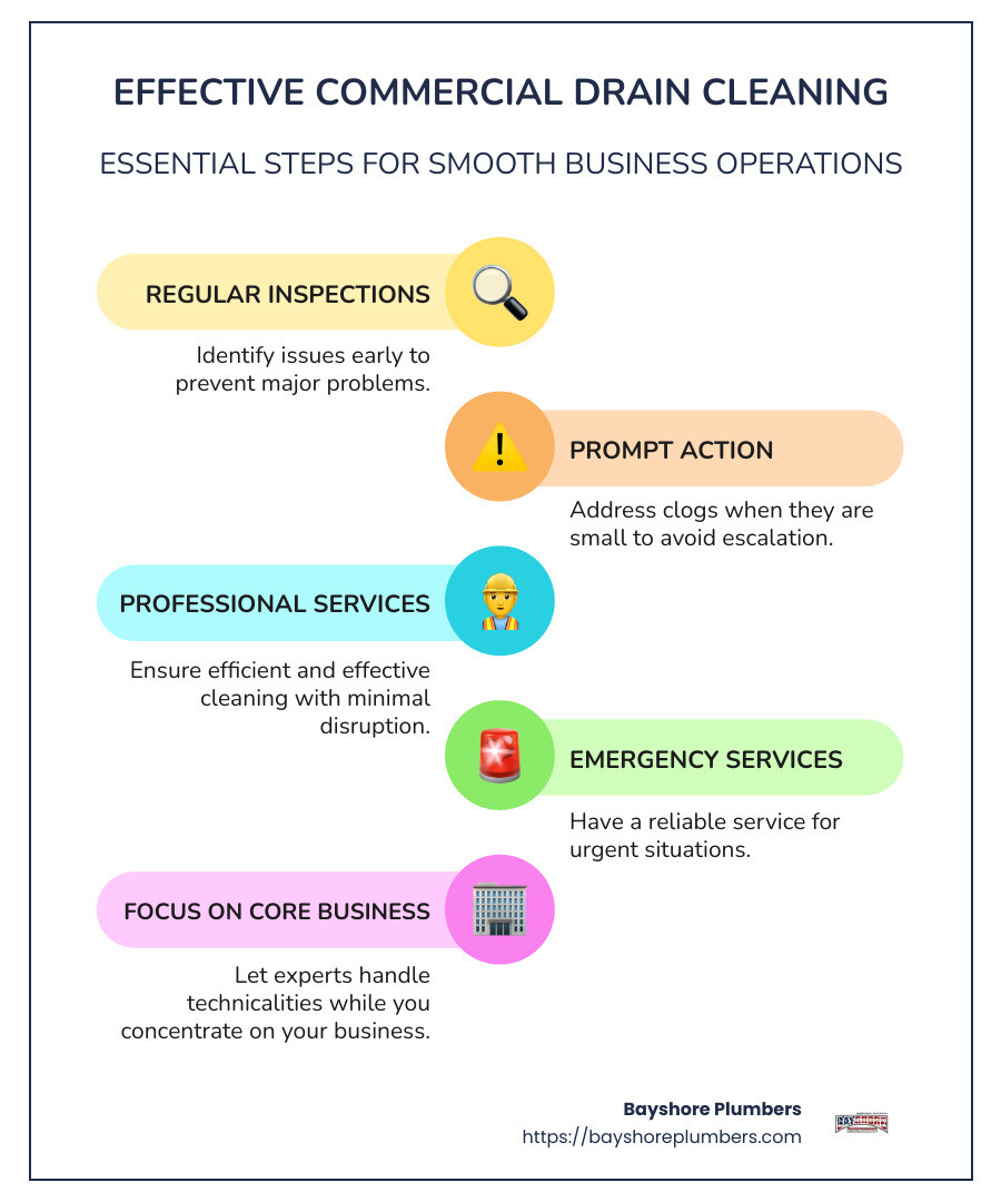infographic of common drain cleaning services, frequency, and benefits of professional services for business operations with focus on emergency and regular solutions - commercial drain cleaning infographic infographic-line-5-steps-colors