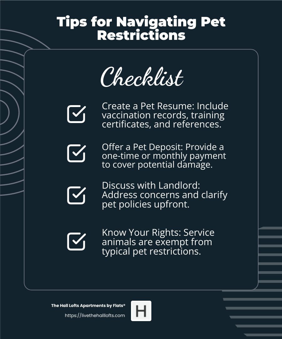 Tips for navigating pet restrictions - pet-friendly apartments infographic checklist-dark-blue