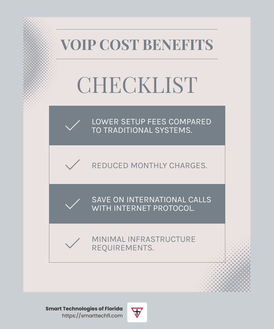 Cost savings with VoIP - voip business infographic checklist-light-blue-grey