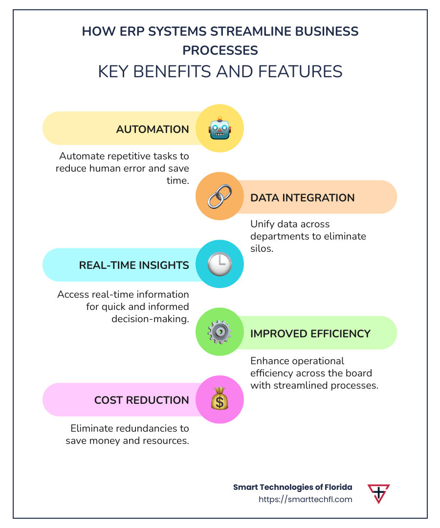 Infographic illustrating ERP benefits for business efficiency, highlighting automation of tasks, data integration, real-time insights, and cost reduction - how do erp systems streamline business processes infographic infographic-line-5-steps-colors