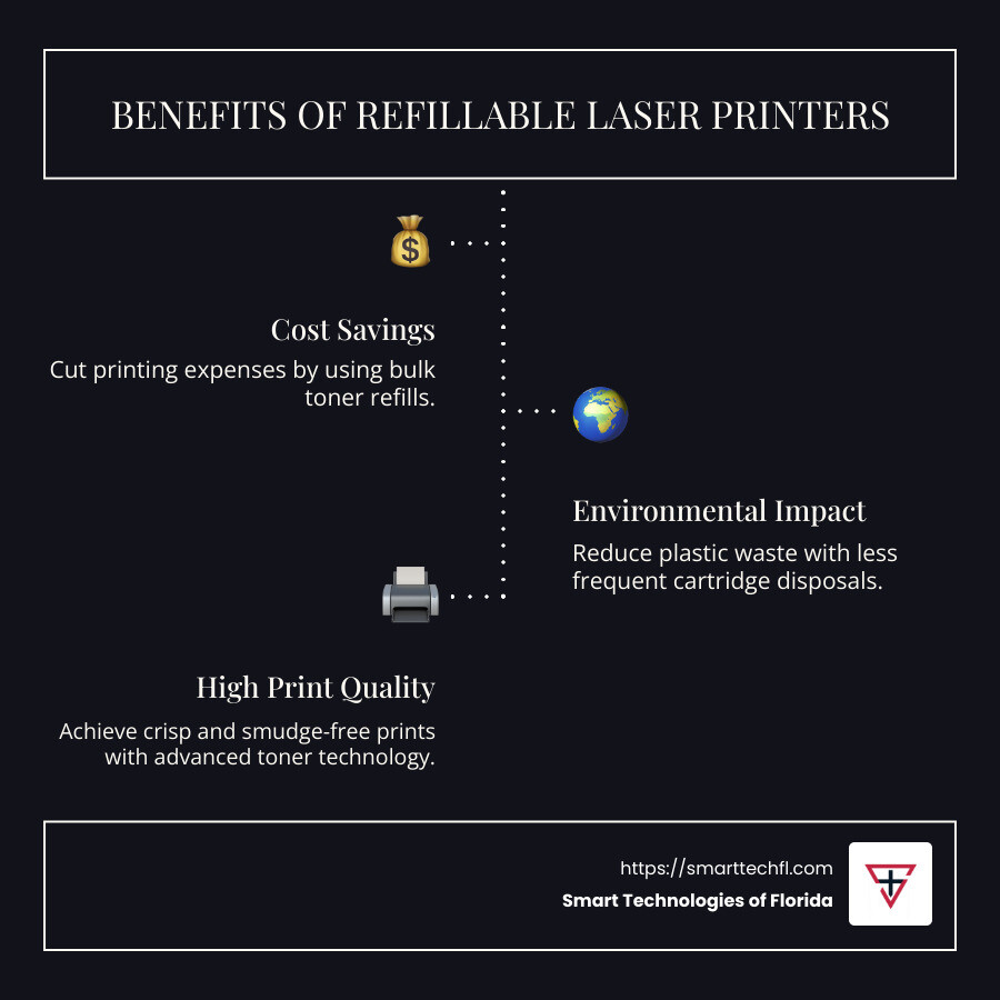 Infographic on cost savings and environmental benefits of refillable laser printers - laser printers with refillable cartridges infographic infographic-line-3-steps-dark