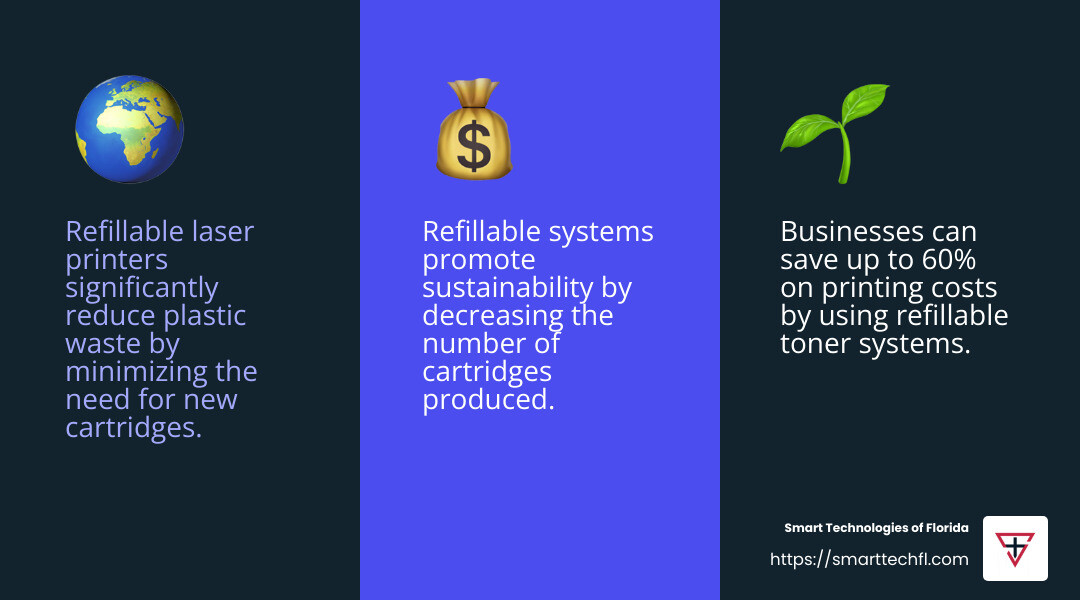 Environmental benefits of refillable cartridges - laser printers with refillable cartridges infographic 3_facts_emoji_blue