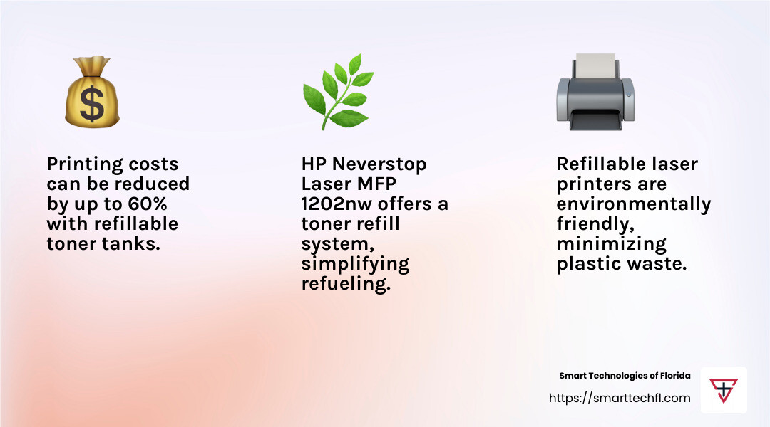 HP Neverstop Laser MFP 1202nw offers a refillable toner tank system, reducing costs significantly. - laser printers with refillable cartridges infographic 3_facts_emoji_light-gradient