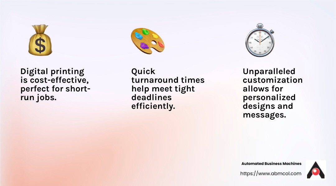 Digital printing offers quick turnaround times and cost-effective solutions. - Digital printing services infographic 3_facts_emoji_light-gradient