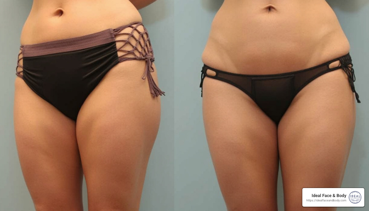 Dramatic change in thigh appearance - outer thigh liposuction before and after