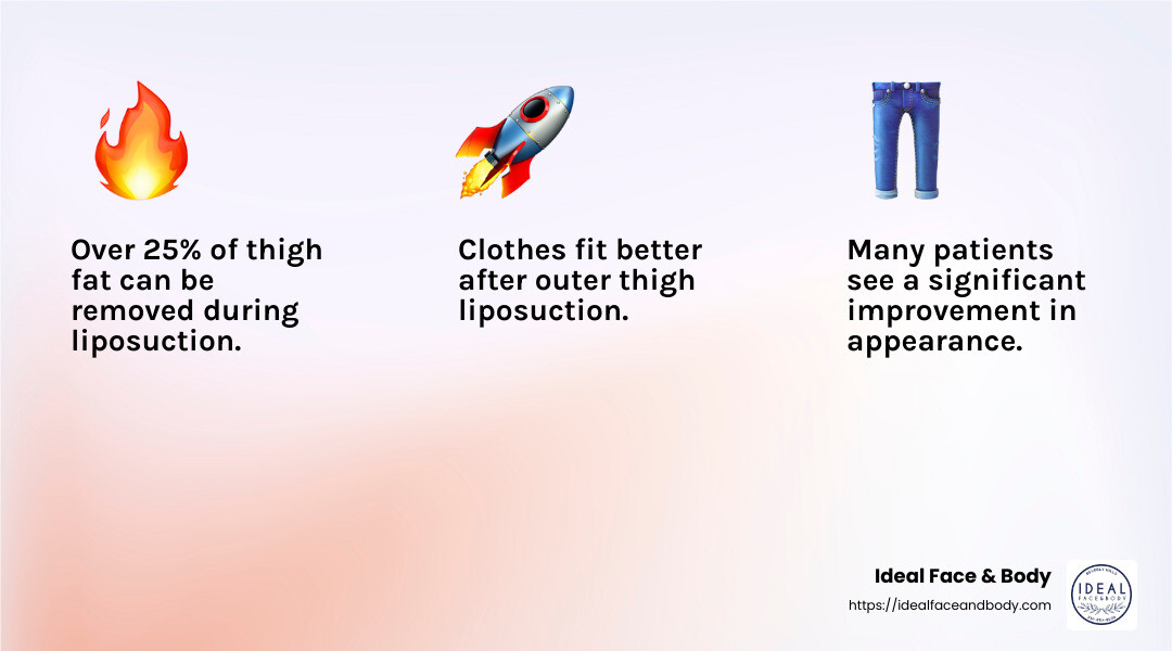 Over 25% of thigh fat can be removed during liposuction, offering a dramatic change in appearance. - outer thigh liposuction before and after infographic 3_facts_emoji_light-gradient