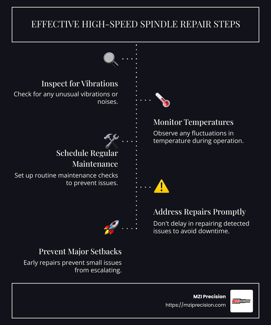 Steps for effective high-speed spindle repair - High speed spindle repair infographic infographic-line-5-steps-dark Steps for effective high-speed spindle repair - High speed spindle repair infographic infographic-line-5-steps-dark