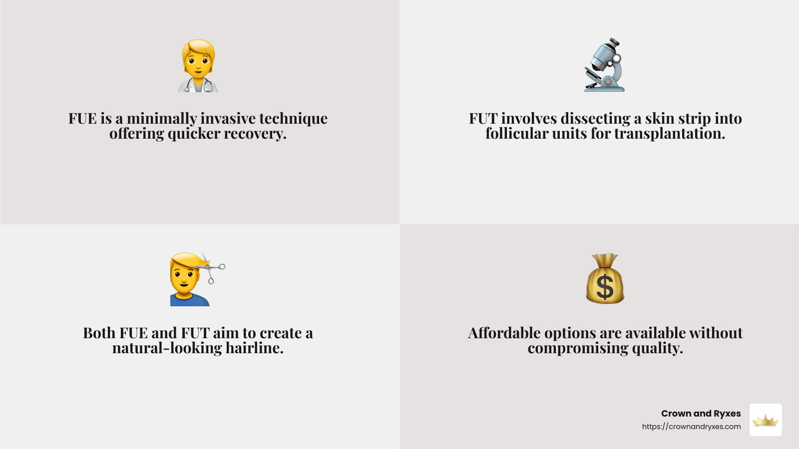 Affordable pricing and natural results at Crown and Ryxes - hair restoration florida infographic 4_facts_emoji_grey