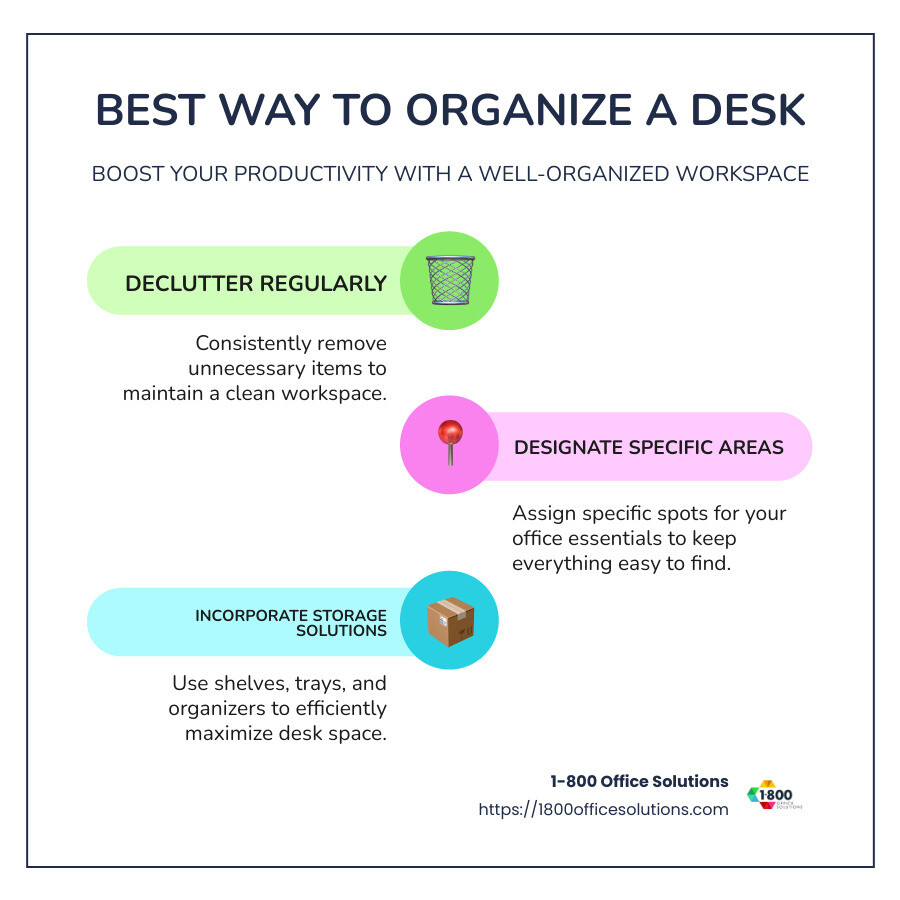 Best way to organize a desk infographic with declutter checklist, designated area layout, and list of storage solutions - best way to organize a desk infographic infographic-line-3-steps-colors