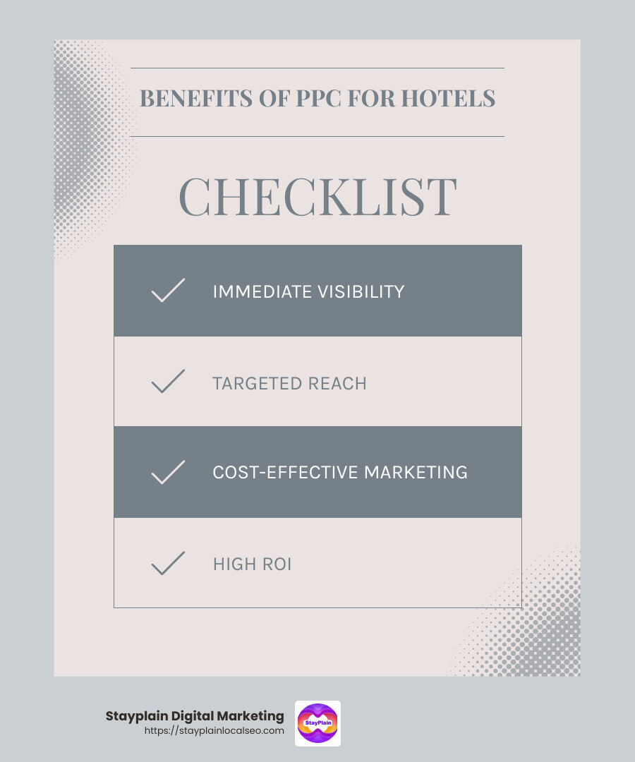 PPC helps hotels target the right audience effectively. - PPC management for hospitality infographic checklist-light-blue-grey