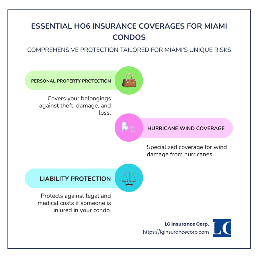 Infographic illustrating essential HO6 insurance coverages specific to Miami condos, including personal property protection, hurricane wind coverage, and liability protection - ho6 insurance miami infographic infographic-line-3-steps-colors