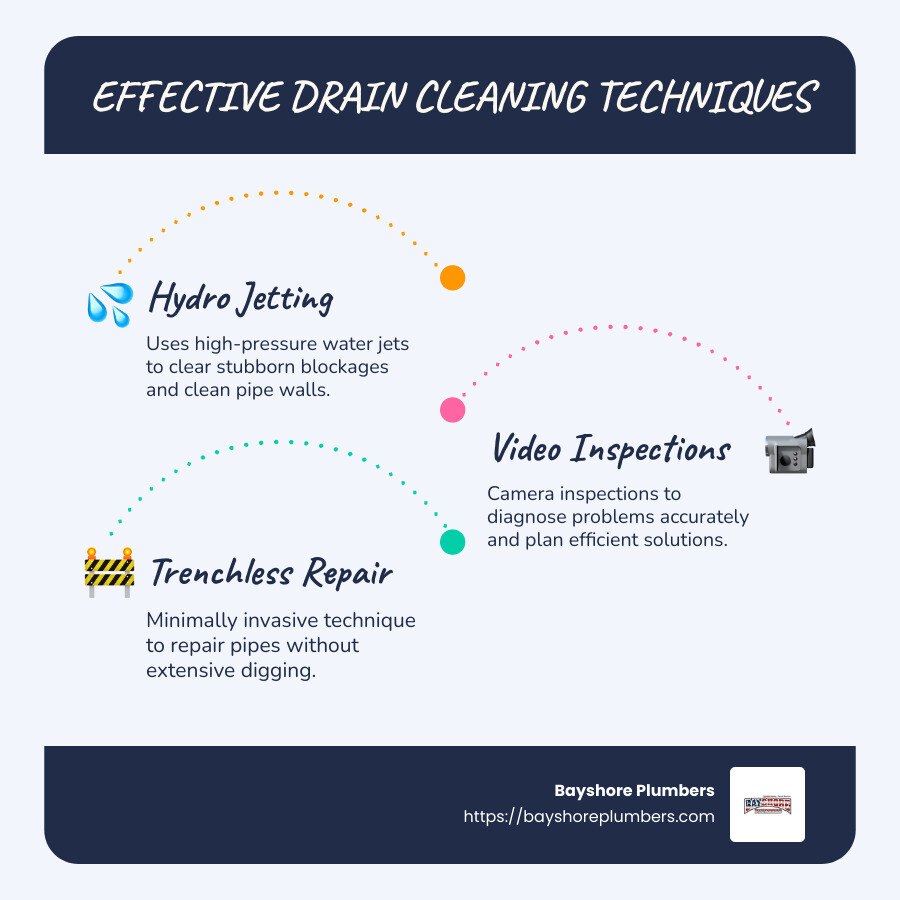 Detailed infographic showing various drain cleaning techniques and their benefits - Drain cleaning Redwood City infographic infographic-line-3-steps-blues-accent_colors