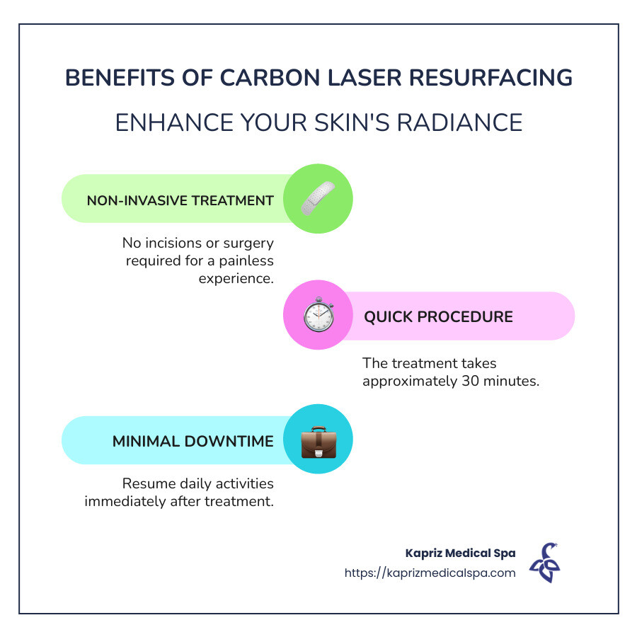 Infographic detailing benefits and key points of carbon laser resurfacing, including its non-invasive nature, quick procedure time, and radiant skin results. - carbon laser resurfacing infographic infographic-line-3-steps-colors
