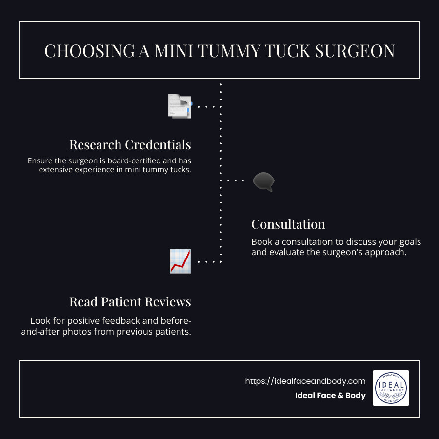 Infographic detailing top considerations for choosing mini tummy tuck surgeons - best mini tummy tuck surgeons beverly hills infographic infographic-line-3-steps-dark
