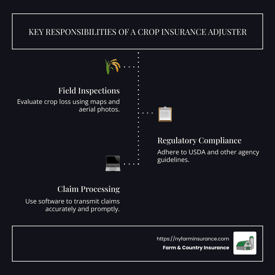002bf14501341bcdf722832514626f2babe47993 Fieldwork and Finances: Understanding the Crop Insurance Adjuster Role Explore the role of a crop insurance adjuster: responsibilities, job outlook, and career prospects in the growing industry. Infographic showing three main responsibilities of crop insurance adjuster: field inspections, regulatory compliance, and claim processing - crop insurance adjuster infographic infographic-line-3-steps-dark
