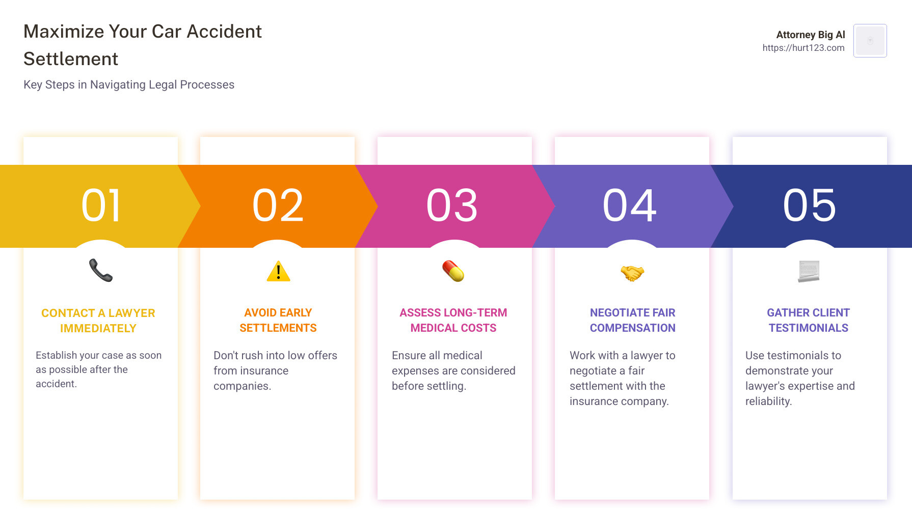 Infographic about car accident settlements and legal support - Attorney Big Al car accident lawyer near me infographic pillar-5-steps