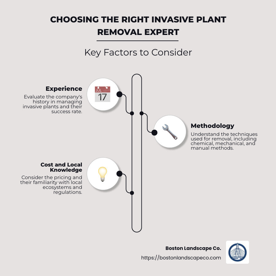 Factors in choosing an invasive plant removal expert: experience, methodology, cost, and local knowledge. - invasive plant removal companies near me infographic infographic-line-3-steps-neat_beige
