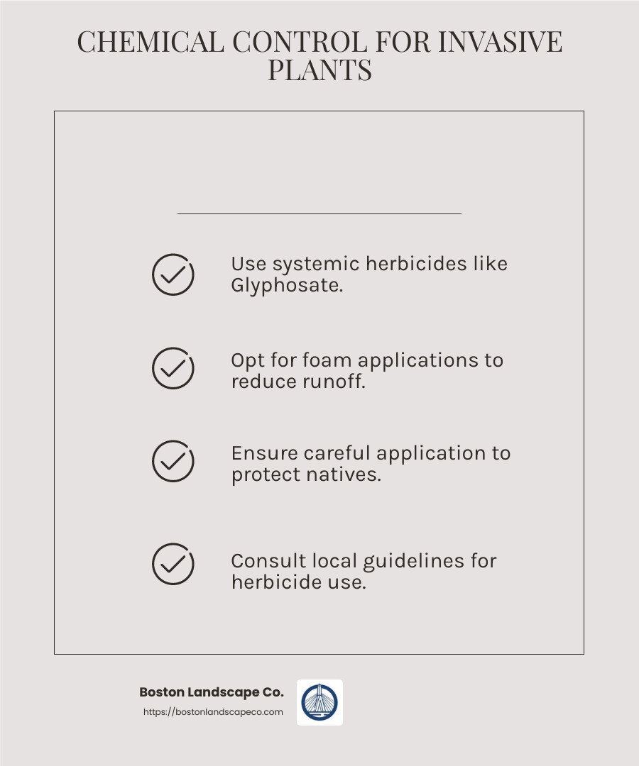 Chemical control is often the most effective method for stubborn infestations, but it must be used carefully to protect native species. - invasive plant removal companies near me infographic checklist-light-beige