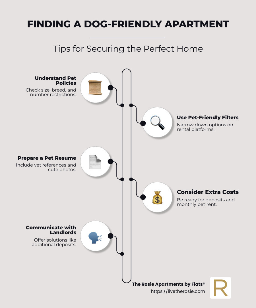 Infographic showing dog-friendly apartment tips, including pet policies, search filters, pet resumes, additional costs, and landlord engagement - apartment rental that takes dogs infographic infographic-line-5-steps-neat_beige Infographic showing dog-friendly apartment tips, including pet policies, search filters, pet resumes, additional costs, and landlord engagement - apartment rental that takes dogs infographic infographic-line-5-steps-neat_beige