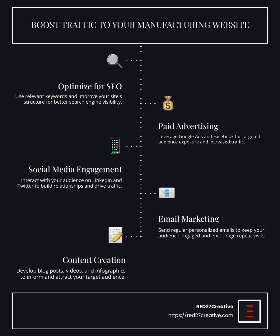 Manufacturing Clicks: Boosting Traffic to Your Website • how to get more traffic to our manufacturing website • RED27Creative Detailed infographic showing strategies to increase website traffic: SEO techniques, content marketing, social media tips, email outreach methods, and paid ad tactics - how to get more traffic to our manufacturing website infographic infographic-line-5-steps-dark