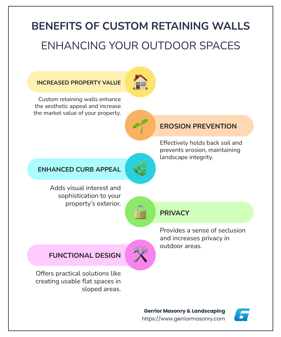 Benefits of Custom Retaining Walls: Increased Property Value, Erosion Prevention, Improved Curb Appeal, and More - Custom retaining walls infographic infographic-line-5-steps-colors