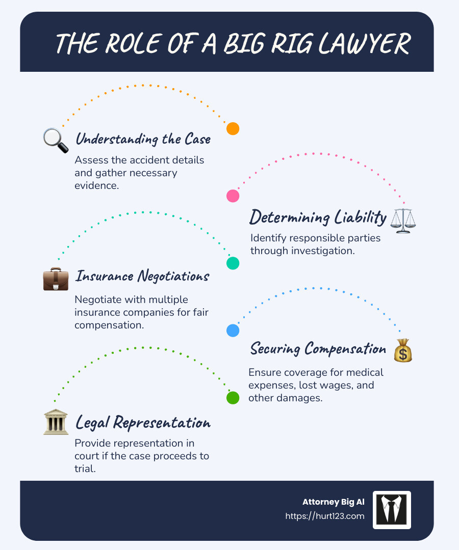 Infographic showing the basics of big rig lawyer including roles, potential compensation, and necessity during negotiations involving truck accidents - big rig lawyer infographic infographic-line-5-steps-blues-accent_colors