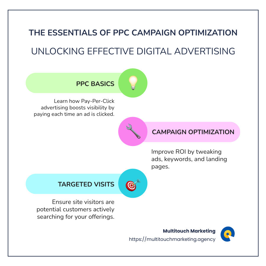 Infographic on PPC basics, digital advertising, and targeted visits - PPC campaign optimization infographic infographic-line-3-steps-colors
