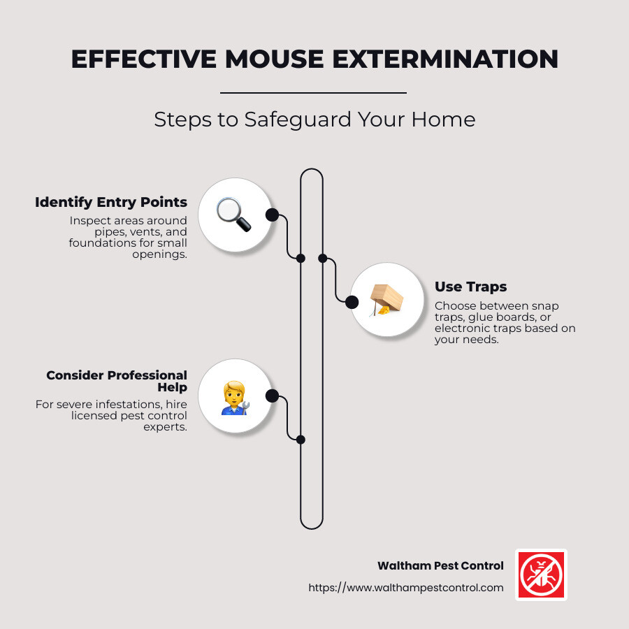 Comprehensive guide to exterminating mice, including identifying entry points, using traps, and hiring professional help, with steps for prevention. - best way to exterminate mice infographic infographic-line-3-steps-neat_beige