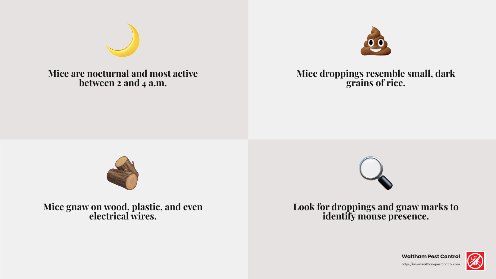 Mice droppings look like small, dark grains of rice. - best way to exterminate mice infographic 4_facts_emoji_grey