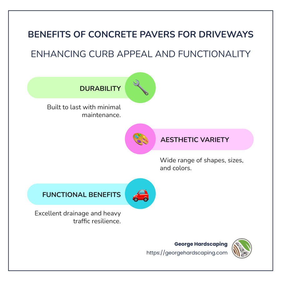 Infographic detailing benefits and features of concrete pavers, including their variety in design, durability, and functional drainage solutions. The infographic will also highlight the popularity of concrete pavers in enhancing home curb appeal and mention how they help manage local weather conditions. - concrete pavers for driveway infographic infographic-line-3-steps-colors