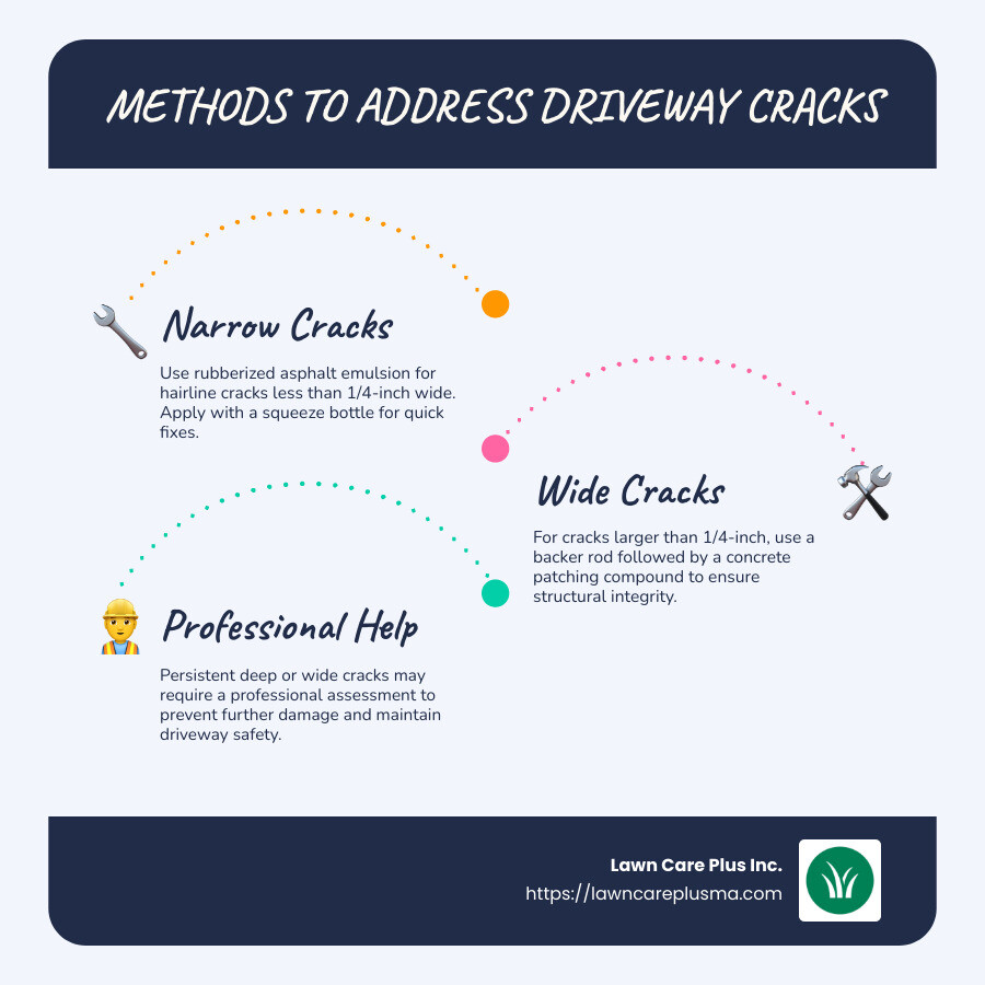 Infographic comparing different methods to address driveway cracks, detailing product types for repairs, safety precautions, and when to seek professional help - driveway crack repair infographic infographic-line-3-steps-blues-accent_colors