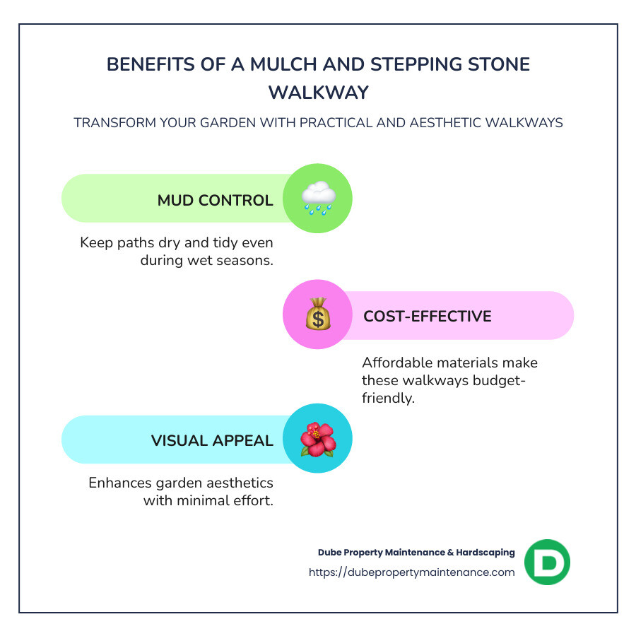Infographic depicting benefits and steps for installing a mulch and stepping stone walkway - mulch and stepping stone walkway infographic infographic-line-3-steps-colors