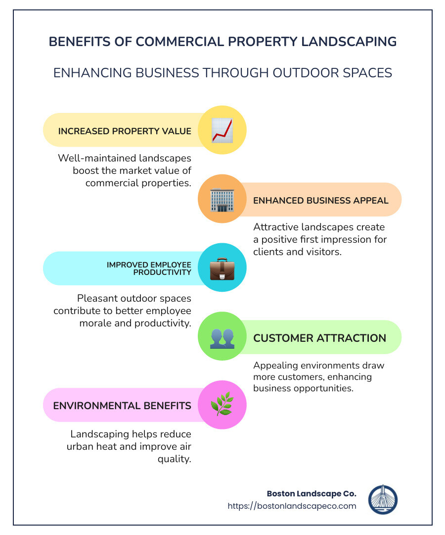 Infographic showing the benefits of commercial property landscaping, including increased property value, improved business appeal, improved employee productivity, and environmental benefits such as reduced urban heat island effect. - commercial property landscaping infographic infographic-line-5-steps-colors
