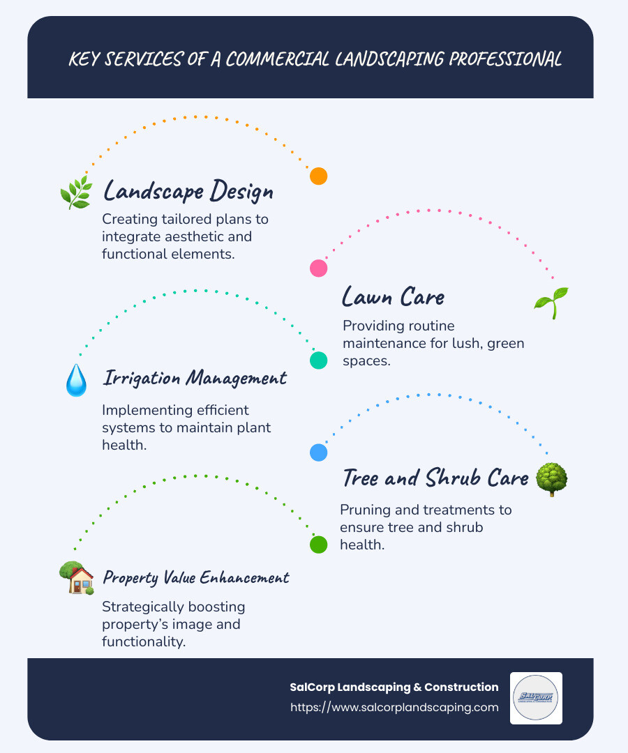 Detailed infographic showing landscape design, lawn care, irrigation management, tree care, and functional elements under a commercial landscaping professional role. - commercial landscaping professional infographic infographic-line-5-steps-blues-accent_colors