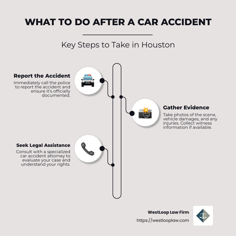 Steps to take after a car accident - car accident law firm houston infographic infographic-line-3-steps-neat_beige