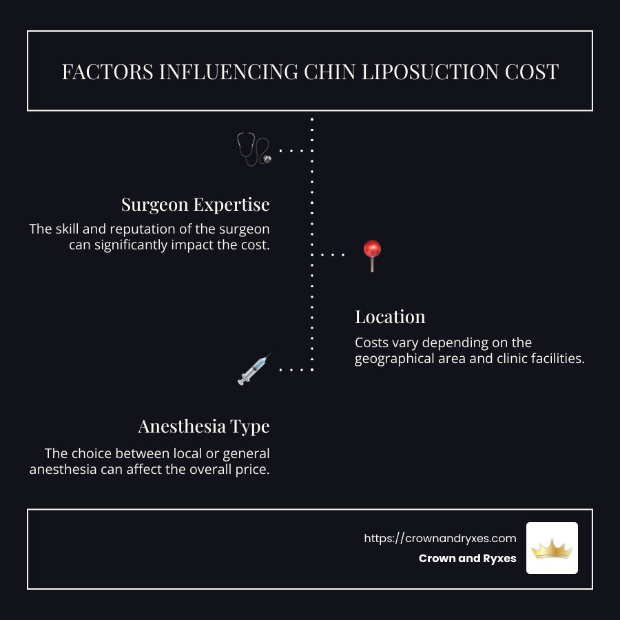 Infographic describing factors influencing chin liposuction cost: surgeon expertise, location, anesthesia type, and complexity of the procedure - chin liposuction cost infographic infographic-line-3-steps-dark