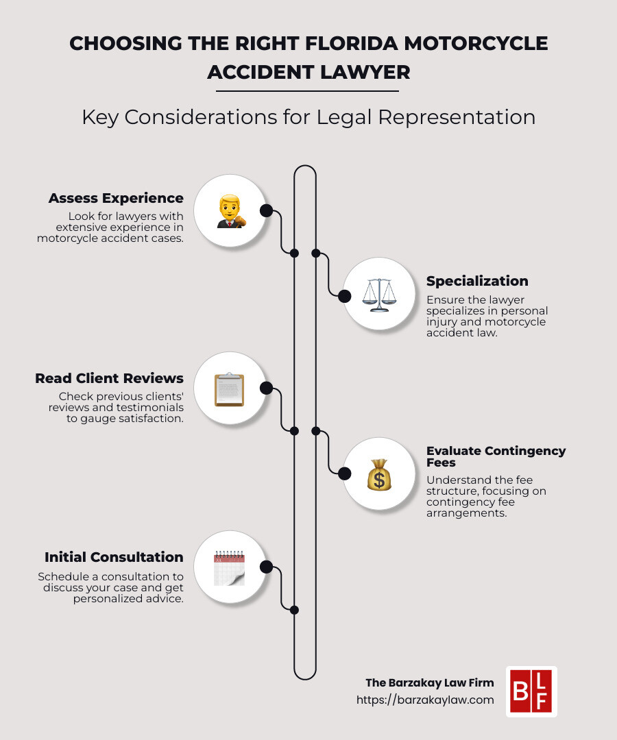 infographic of essential steps in hiring a florida motorcycle accident lawyer - florida motorcycle accident lawyers infographic infographic-line-5-steps-neat_beige