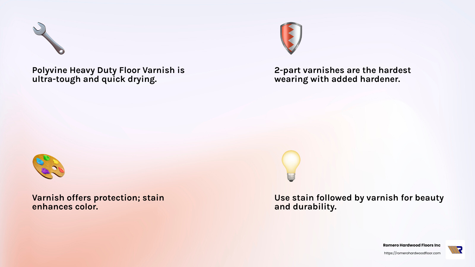 Polyvine Heavy Duty Floor Varnish is ultra-tough and crystal clear, ideal for high-traffic areas - hard wearing wood floor varnish infographic 4_facts_emoji_light-gradient