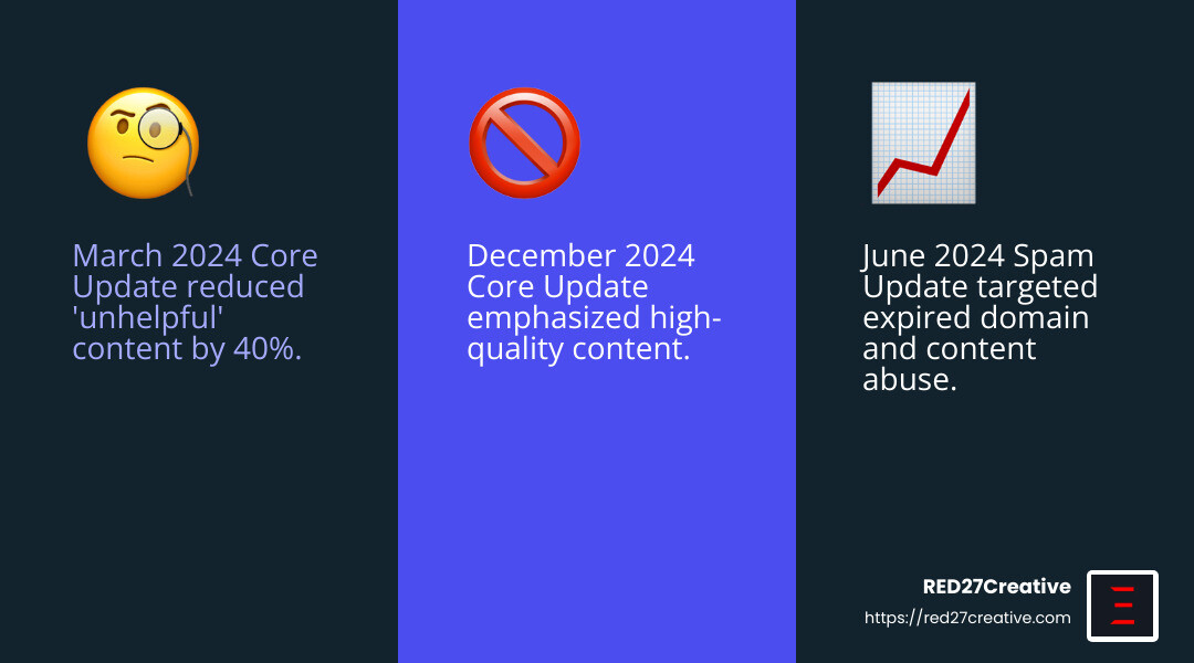 Stay Ahead: Understanding Google Algorithm Changes • Google algorithm updates • RED27Creative Google's focus on quality content in 2024 - Google algorithm updates infographic 3_facts_emoji_blue