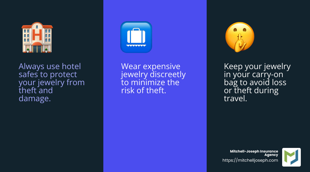 Using hotel safes and carry-on storage can help protect your jewelry from theft. - travel insurance for expensive jewellery infographic 3_facts_emoji_blue