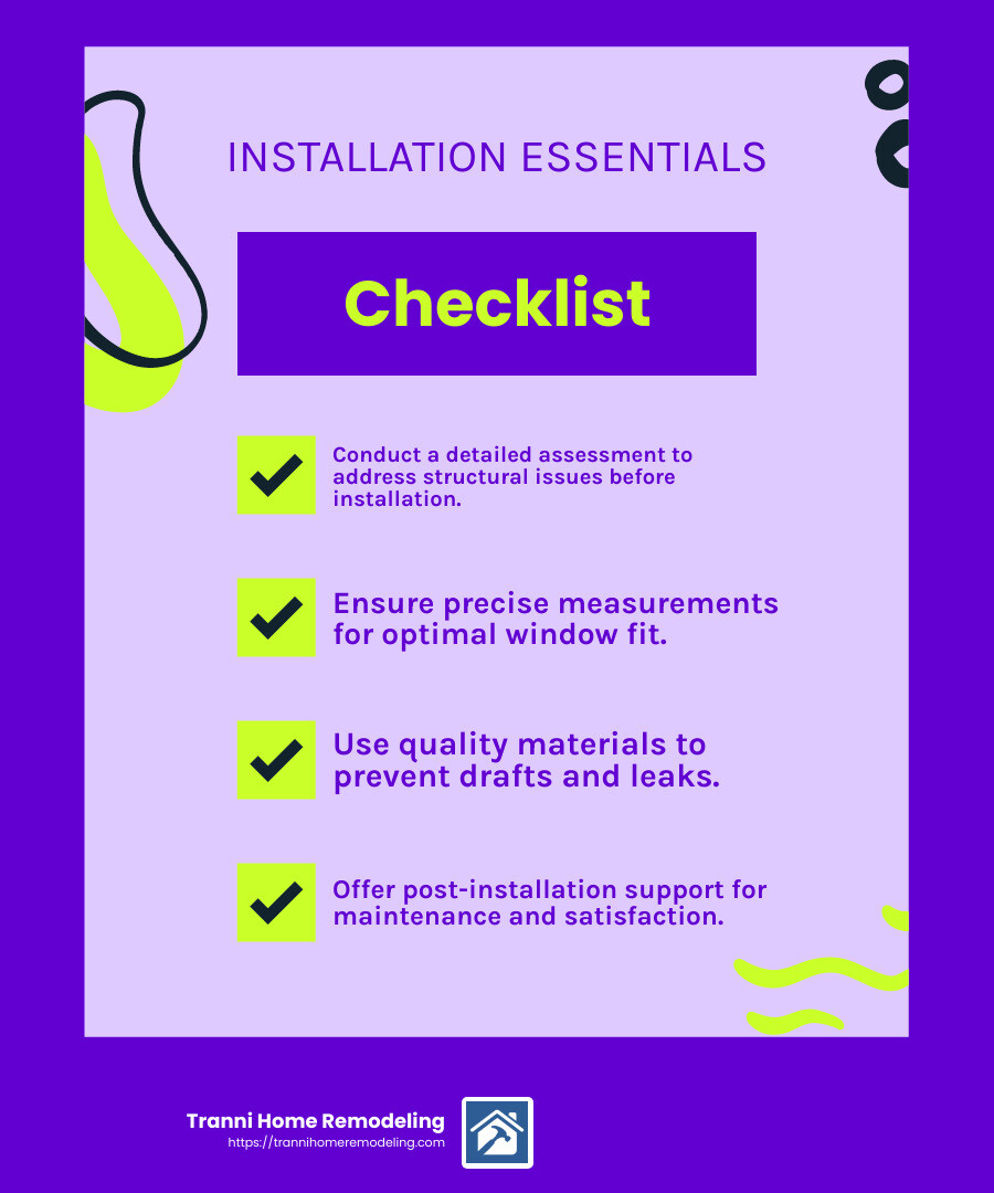 Precision and care in window installation lead to long-lasting results. - window replacement companies in my area infographic checklist-fun-neon