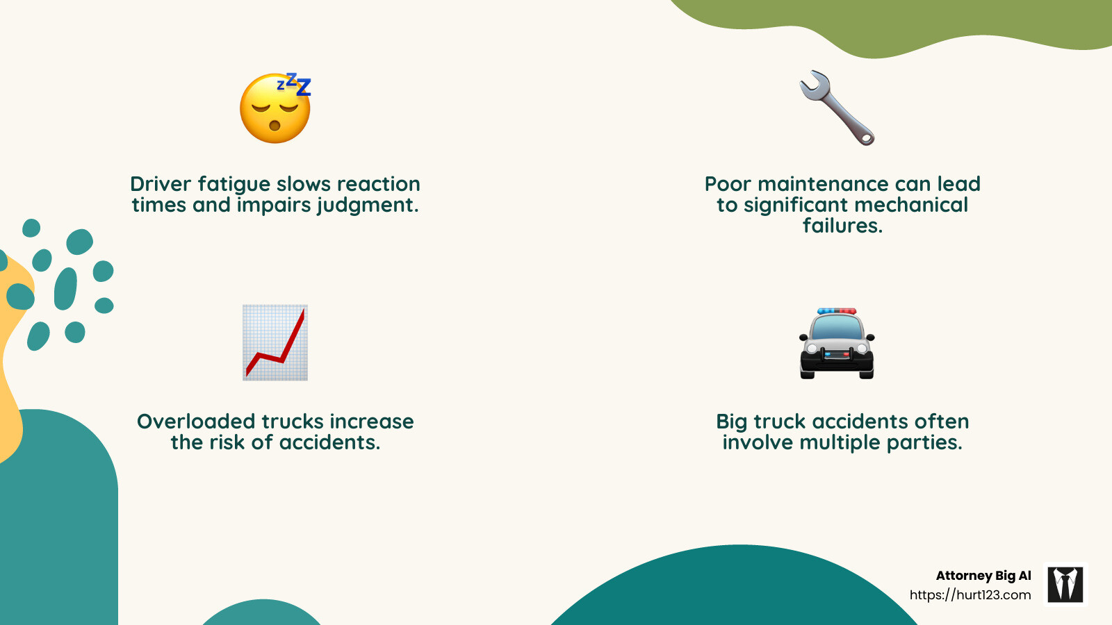 Driver fatigue is a leading cause of truck accidents, resulting in slower reaction times and impaired judgment. - big truck wreck lawyers infographic 4_facts_emoji_nature Driver fatigue is a leading cause of truck accidents, resulting in slower reaction times and impaired judgment. - big truck wreck lawyers infographic 4_facts_emoji_nature