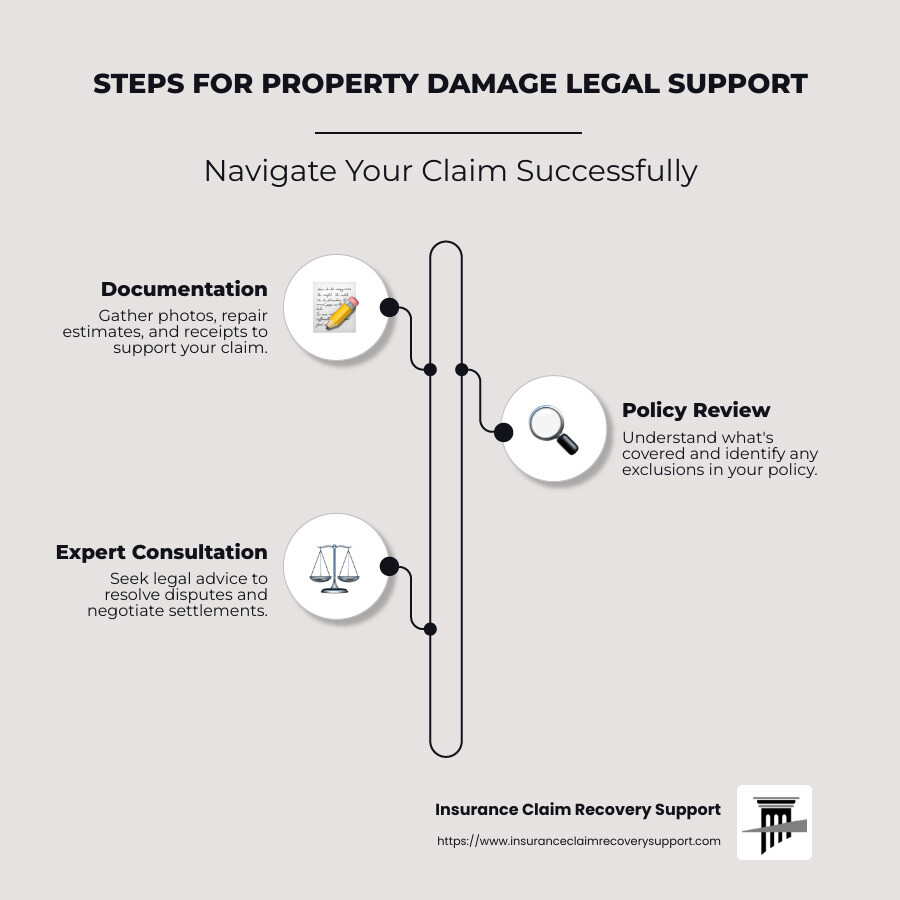 Infographic showing steps for property damage legal support: 1) Documentation, 2) Policy Review, 3) Expert Consultation - property damage legal support infographic infographic-line-3-steps-neat_beige