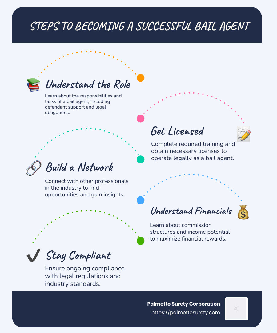 Overview of bail agent opportunities and benefits - bail agent jobs infographic infographic-line-5-steps-blues-accent_colors