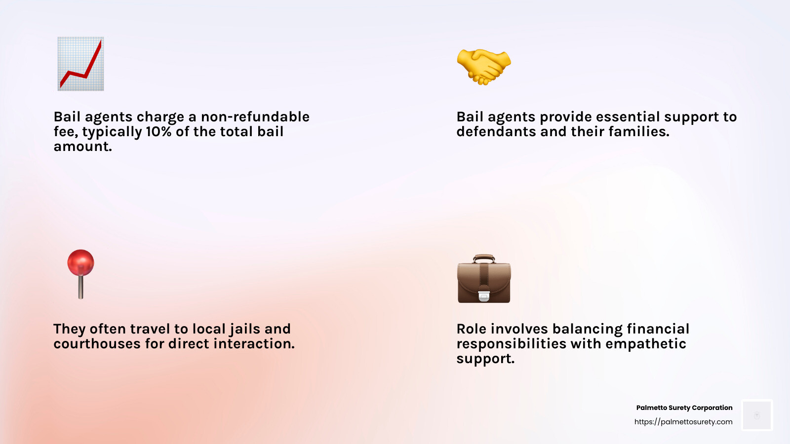 Bail agents offer critical support to defendants and their families, ensuring they meet their court obligations. - bail agent jobs infographic 4_facts_emoji_light-gradient