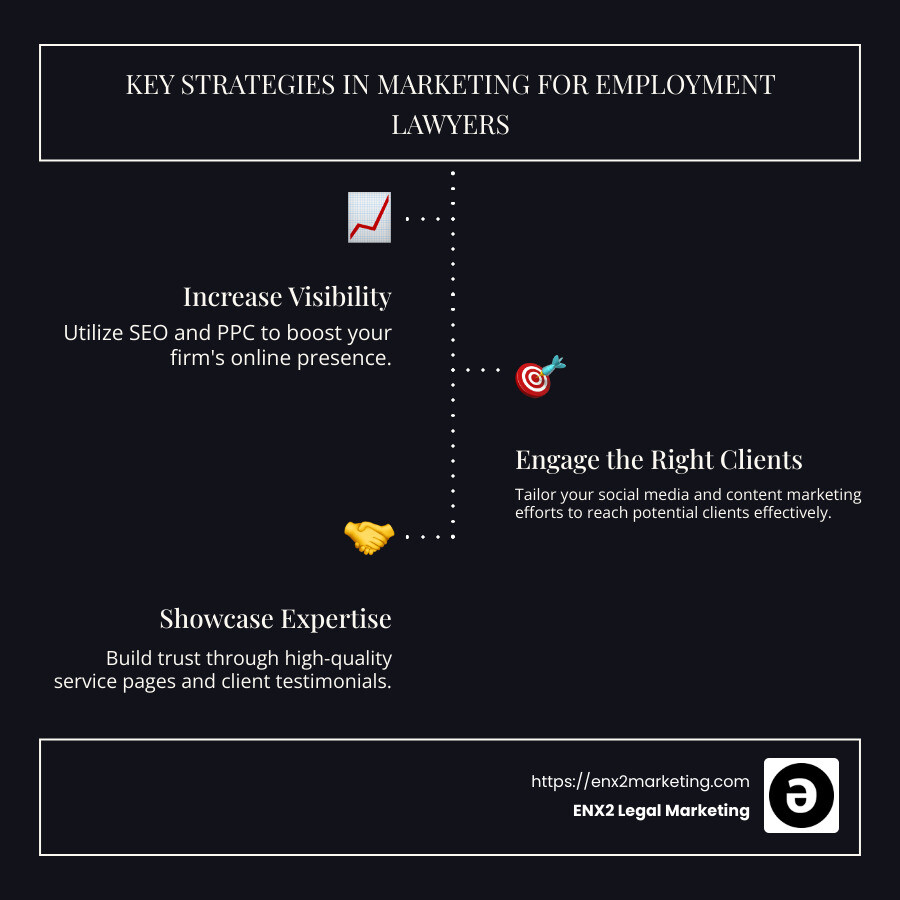 Infographic: Key Strategies in Marketing for Employment Lawyers - Marketing for employment lawyers infographic infographic-line-3-steps-dark