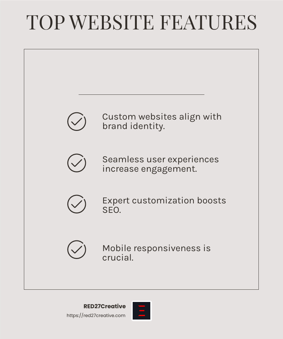 Local Legends: Discovering Website Design and Development Companies Near You • website design and development company • RED27Creative Expert customization leads to a 30% increase in user satisfaction. - website design and development company infographic checklist-light-beige