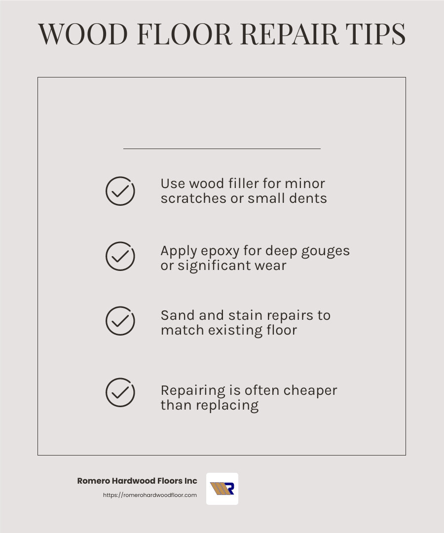 Wood floors can be repaired effectively using the right materials and techniques. - Wood Floor Repair infographic checklist-light-beige